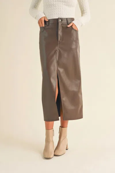 Miou Muse Pleather Slit Front Skirt In Brown In Green
