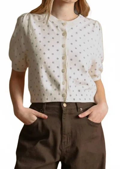 Miou Muse Polka Dot Printed Short Sleeve Button Front Top In White Multi