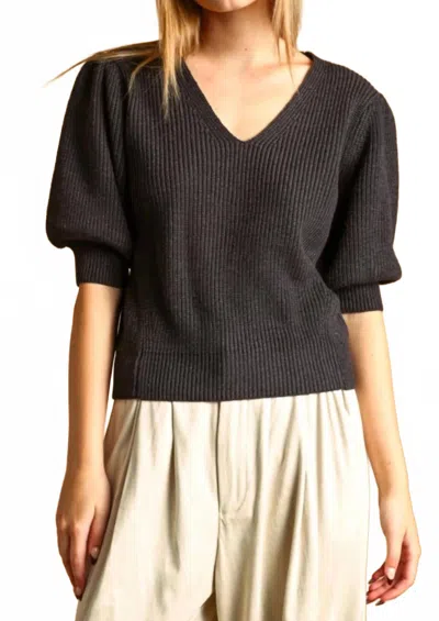 Miou Muse Puff Sleeve Sweater Top In Charcoal In Black