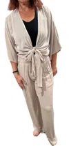 Miou Muse Rayon Tie Front Top With Smocked Waist Wide Leg Pants Set In Beige In Gray