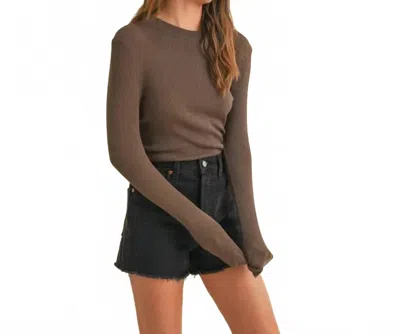 Miou Muse Ribbed Long Sleeve Mock Neck Top In Coffee In Brown