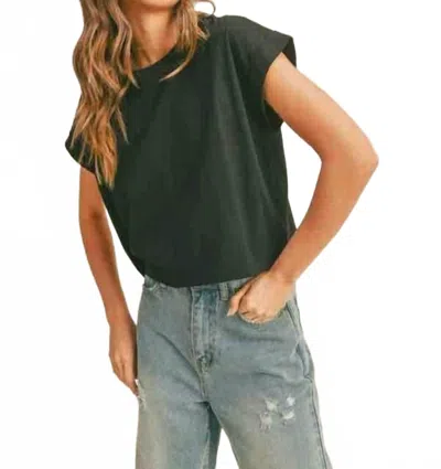 Miou Muse Round Neck Cuffed Sleeve Tee In Black