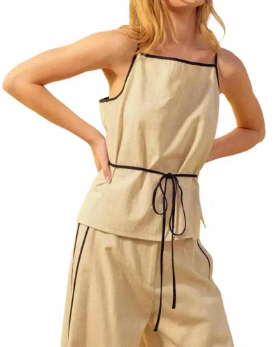 Miou Muse Sadie Linen Top In Contrast Piping Oatmeal/black In Neutral