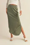Miou Muse Satin Side Slit Midi Skirt In Olive In Green