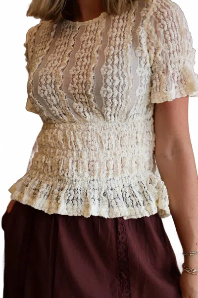Miou Muse Short Sleeve Lace Blouse In Cream In Brown