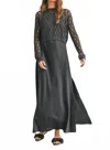 Miou Muse Simone Satin Slip Dress With Crochet Knitted Top In Navy