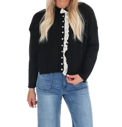 Miou Muse Softly Woven Lace Trim Cardigan In Black