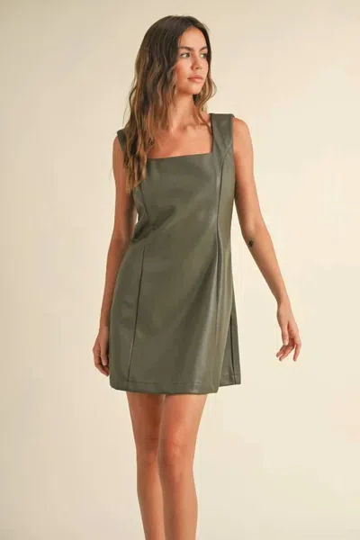 Miou Muse Square Neck Faux Leather Dress In Olive In Green