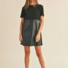MIOU MUSE STITCH IT UP SUEDE & FAUX LEATHER SHIFT MINI DRESS IN BLACK