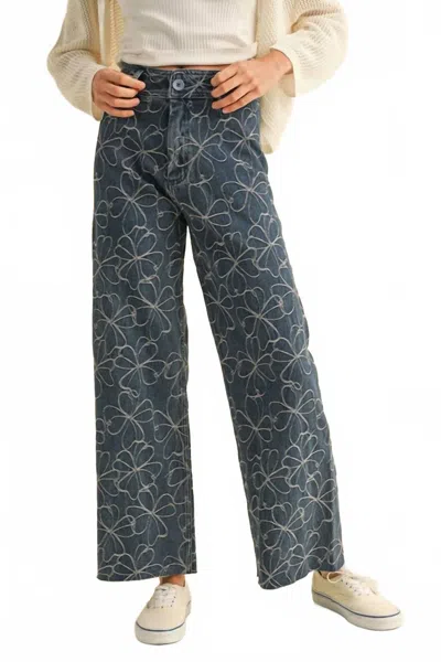 Miou Muse Stitch Pattern Denim Pants In Floral In Blue