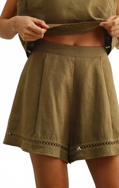 Miou Muse Stitch Trimmed Linen Shorts In Olive In Green