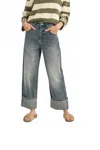 Miou Muse Straight Leg Cuffed Hem Jeans In Light Wash