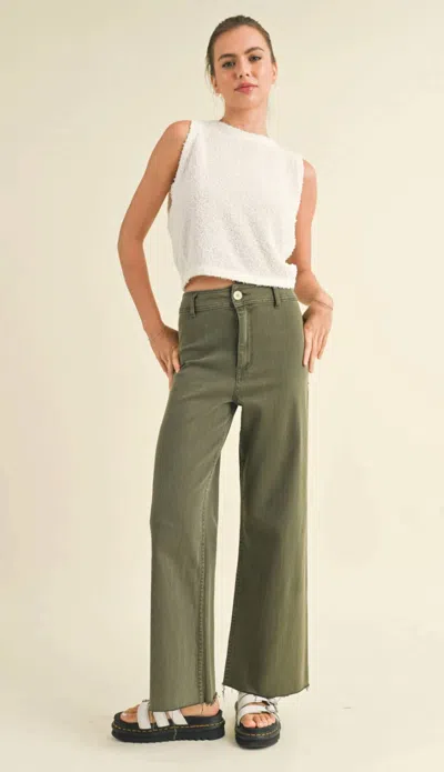 Miou Muse Straight Wide Leg Denim Pants In Olive In Green