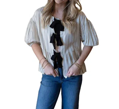Miou Muse Stripe Bow Tie Top In Cream In White