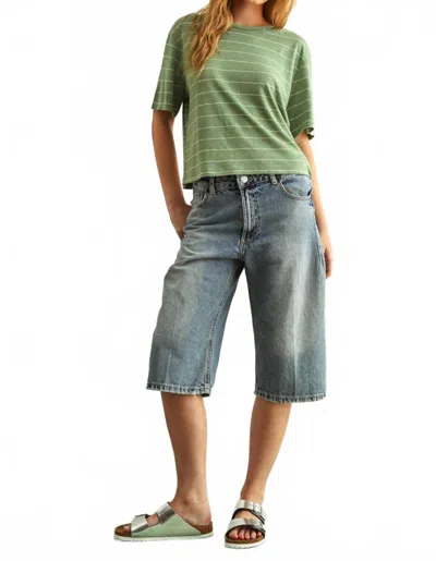 Miou Muse Stripe Cotton Linen Top In Sage/white In Multi