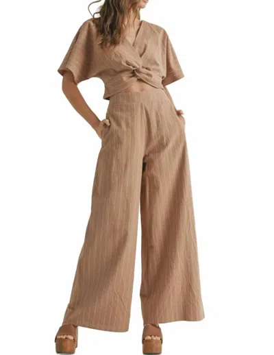 Miou Muse Stripe Pattern Pants With Elastic Waist In Straw/white In Brown