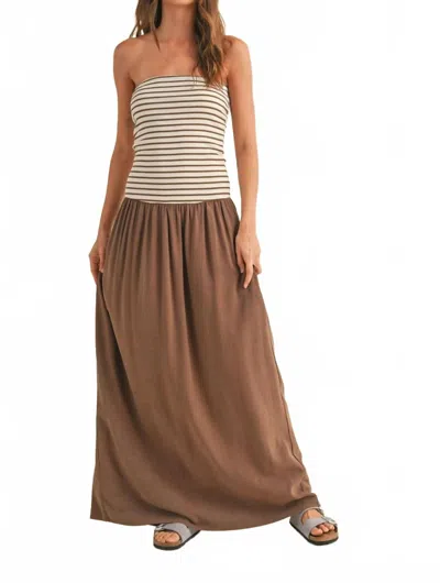 Miou Muse Stripe Ribbed Top With Linen Dress In Mocha In Brown