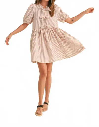 Miou Muse Stripe With Bow Tie Front Short Sleeve Dress In Multi In Neutral