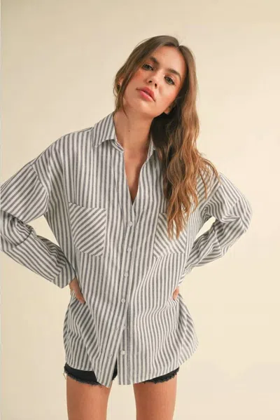 Miou Muse Striped Button Down Boyfriend Shirt In Navy In Gray