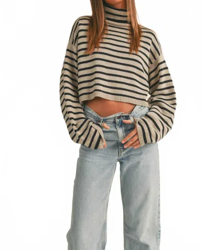 Miou Muse Striped Crop Turtleneck Sweater In Mocha/ Black