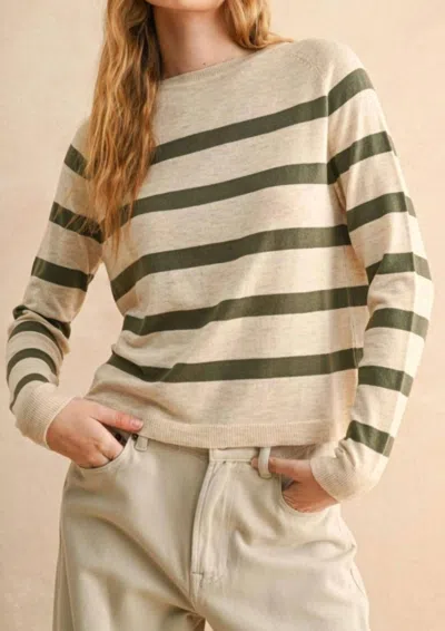 Miou Muse Striped Round Neck Top In Olive/oatmeal In Neutral