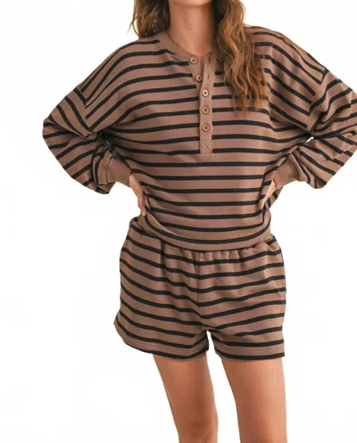 Miou Muse Striped Terry Half Button Sweatshirt In Leopard In Brown