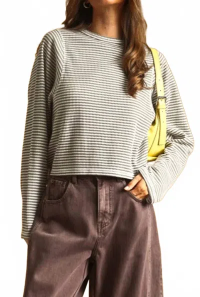 Miou Muse Striped Waffle Long Sleeve Top In Grey In Gray