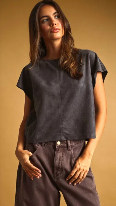 Miou Muse Suede Boxy Top In Grey In Black