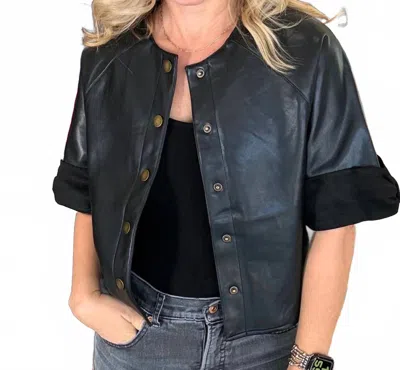 Miou Muse Suede Trim Short Sleeve Faux Leather Jacket In Black