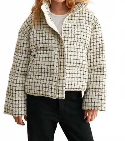 Miou Muse Tweed Puff Jacket In Ecru/black In Multi