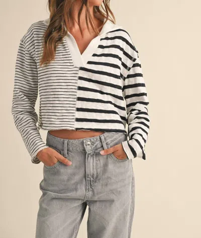 Miou Muse V-neck Contrast Striped Top In Black/white In Multi