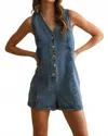 Miou Muse Button Front Denim Romper In Medium Wash In Blue