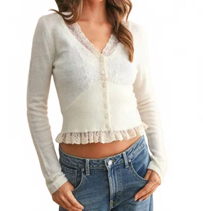 Miou Muse Vivienne Lace Contrast Cropped Knit Cardigan In Cream In White