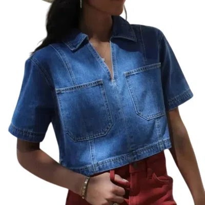 Miou Muse V-neck Front Pocket Short Sleeve Top In Medium Denim In Blue