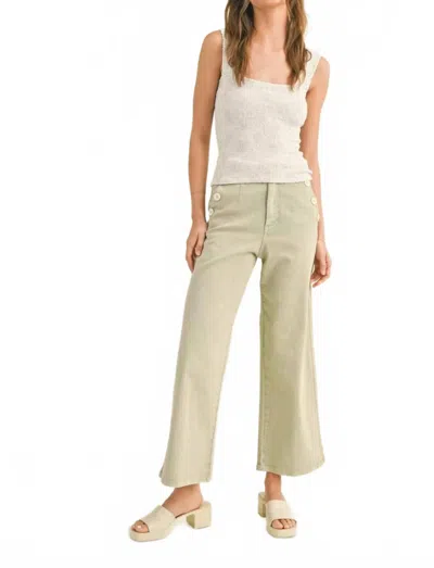 Miou Muse Washed Cotton Button Detail Pants In Sage In White