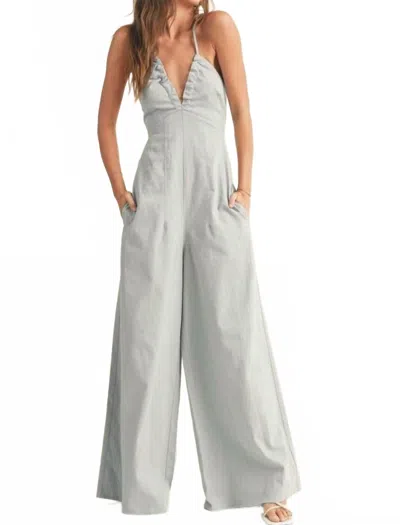 Miou Muse Washed Cotton Halter Jumpsuit In Light Denim In White