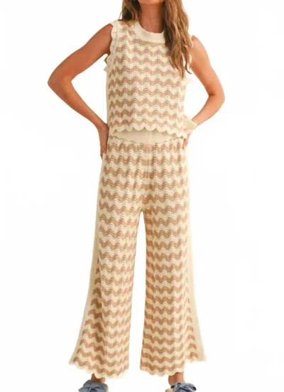 Miou Muse Wavy Crochet Pants Set In Beige In Sand