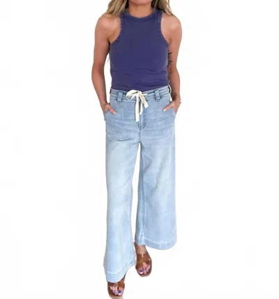 Miou Muse Weslie Washed Denim Tie Front Pants In Blue