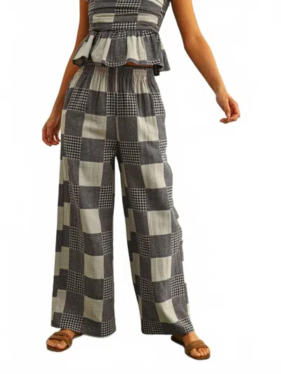 Miou Muse Wide Leg Patch Pants In Navy Gingham & Stripe In Gray