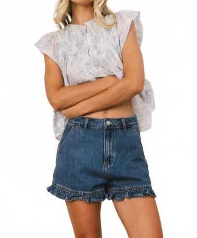Miou Muse Women's High-waisted Ruffle Hem Denim Shorts In Dark Wash In Animal Print