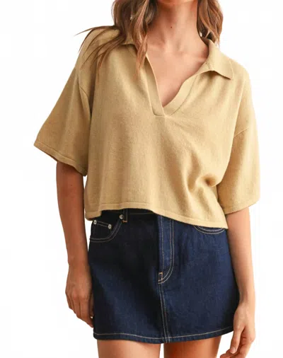 Miou Muse Women's V Neck Crop Polo Top In Butter In Nude