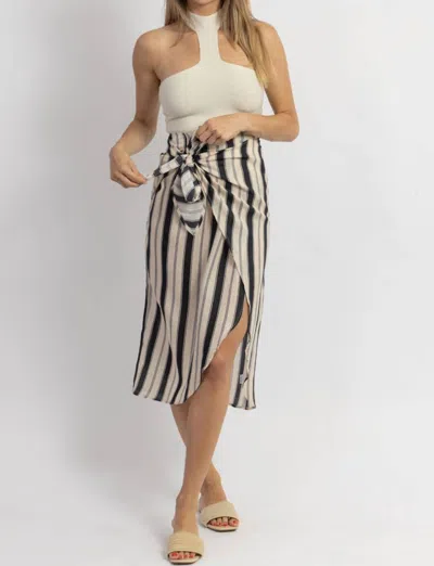 Miou Muse Yachty Striped Wrap Midi Skirt In Black/brown