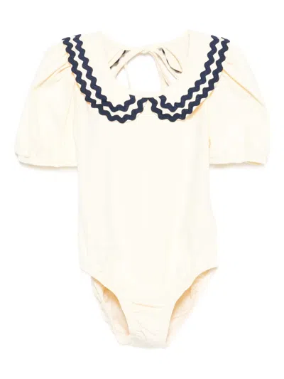 Mipounet Kids' Althea Collared Puff-sleeve Swimsuit In White