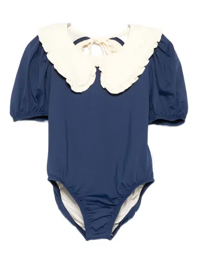 Mipounet Kids' Daniela Ruffled-collared Swimsuit In Blue