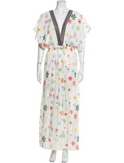 Pre-owned Mira Mikati Floral Print Long Dress In White