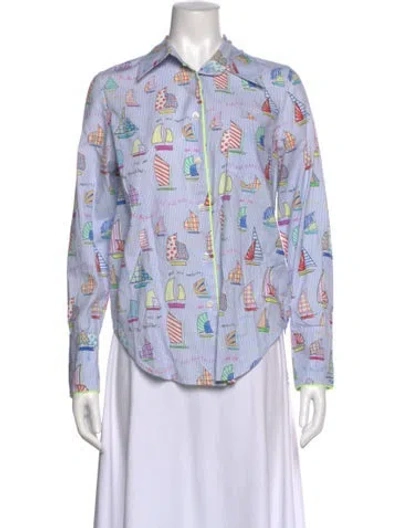 Pre-owned Mira Mikati Graphic Print Long Sleeve Button-up Top In Blue
