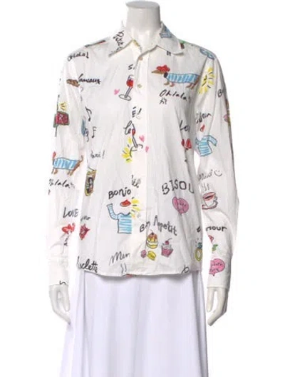 Pre-owned Mira Mikati Graphic Print Long Sleeve Button-up Top In White