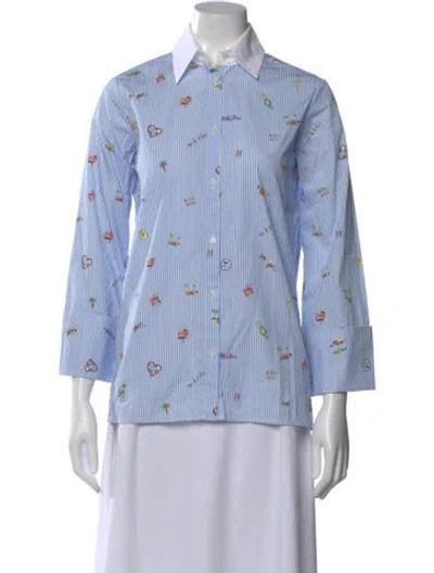 Pre-owned Mira Mikati Graphic Print Three-quarter Sleeve Button-up Top In Blue