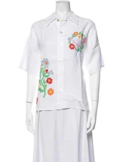 Pre-owned Mira Mikati Hemp Floral Print Button-up Top In White