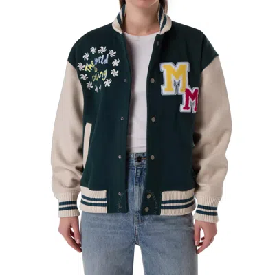 Mira Mikati Ladies Green / Multi Embroidered Mushroom Varsity Bomber Jacket